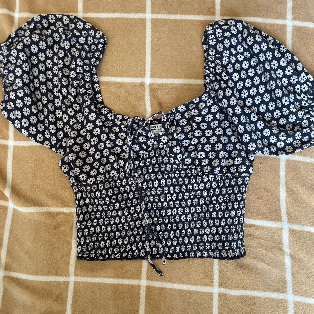 Billabong Blue Smocked Tie Front Short Sleeve Blouse